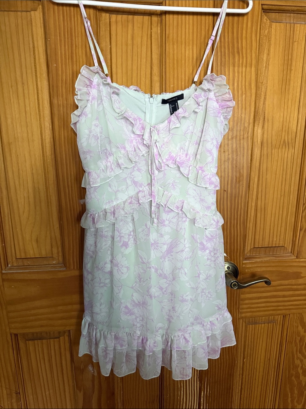 Forever 21 White and Light Pink Floral Ruffle Spaghetti Strap Dress